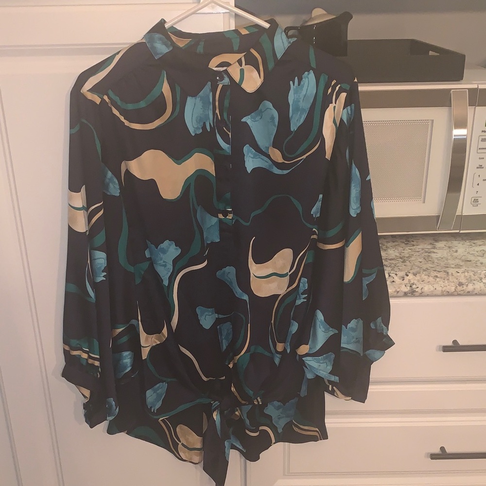 Chico's Navy Abstract Floral Print Boho Tie Front Blouse Shirt SZ 2/US 12